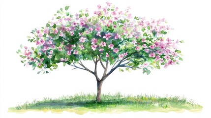 Obraz premium Vector Watercolor Blooming Flower Tree on White Background