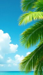 Naklejka premium Vibrant palm leaves against blue sky and white clouds, palm tree, vacation, foliage