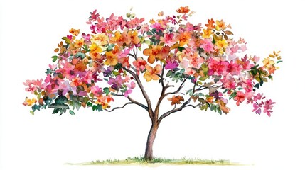 Vector Watercolor Blooming Flower Tree on White Background