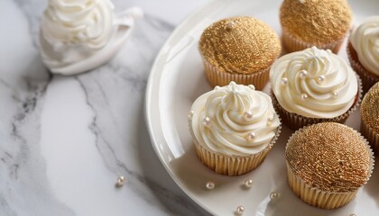 a white marble table, a plate with cupcakes, white icing on top, sprinkled with small pearl balls