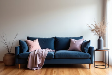 Modern interior design features a minimalist living room layout with a navy blue sofa, plush cushions, and honey-brown wood flooring, enhancing warmth and simplicity.