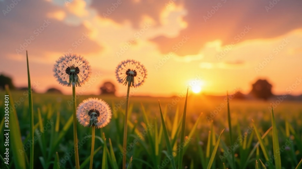 Poster golden hour serenity three dandelions illuminated by the setting sun in a vibrant meadow