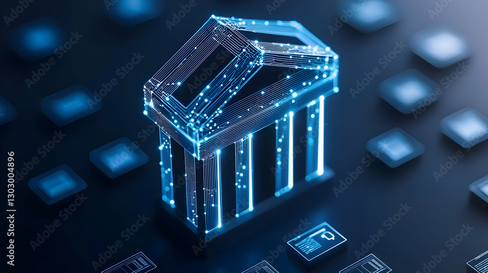 Poster digital concept of futuristic bank with network connections and data