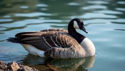 Obraz premium Majestic Canada goose preens feathers on lakeshore, ripples, animals, ecosystem