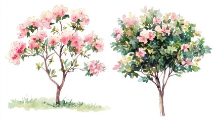 Obraz premium Vector Watercolor Blooming Flower Tree on White Background