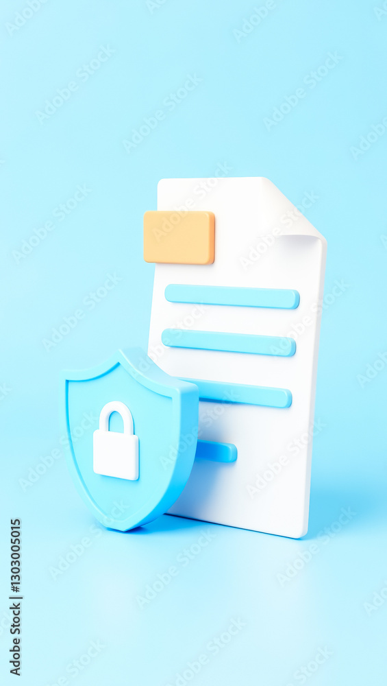 Poster 3d render of secure document with shield and lock
