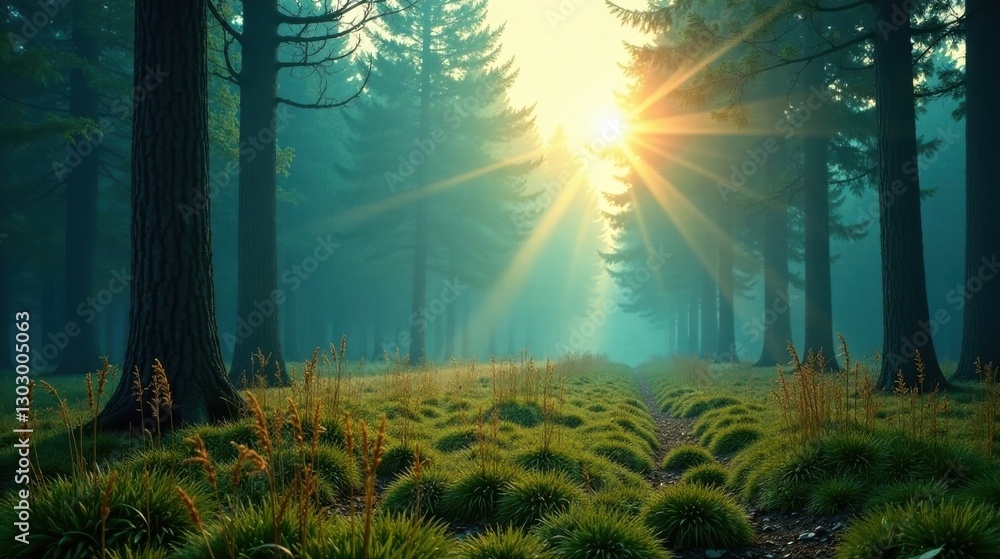 Poster sunbeams illuminate a mystical forest path, where lush green grass carpets the ground and tall trees