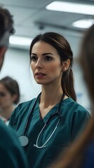 Fototapeta premium Female Doctor in Scrubs Engaging with Medical Team in Hospital Environment