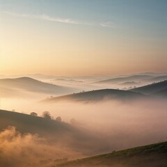 Obraz premium Rolling hills shrouded in mist create a tranquil atmosphere at dawn, with soft sunlight illuminating the landscape and enhancing the feeling of peace and solitude in nature