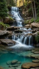 Alpine waterfall cascading into a clear pool.