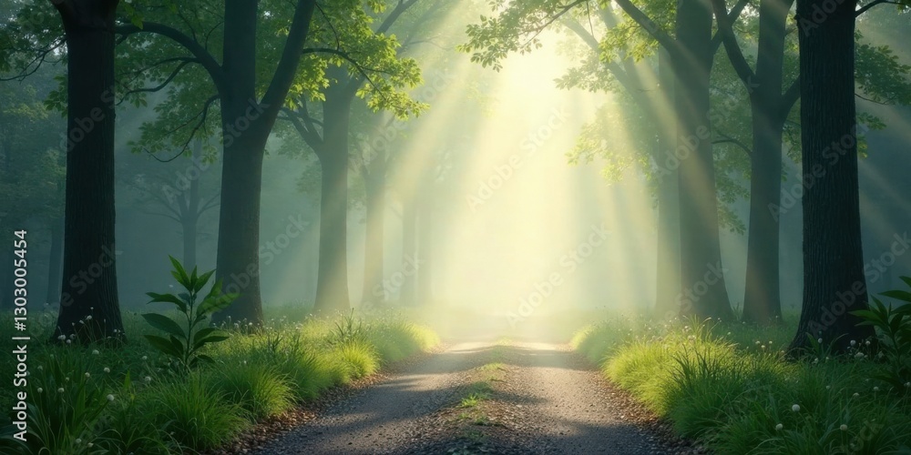 Poster sunbeams illuminate a misty forest path, leading through tall trees and lush grass