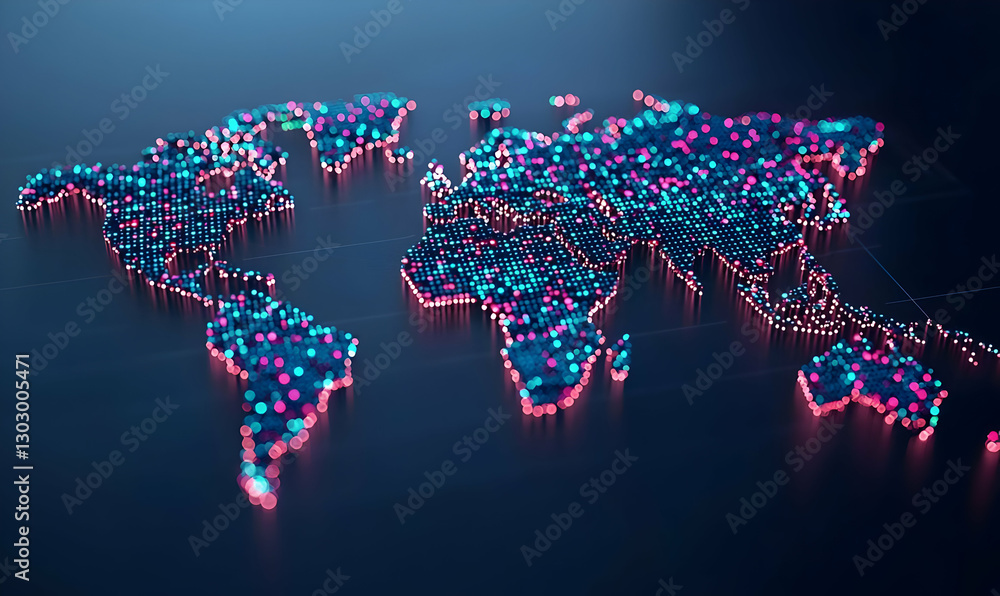 Poster abstract world map with neon dots on dark background