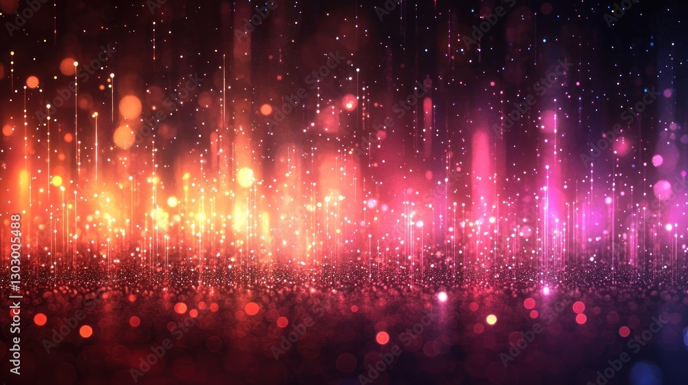 Poster abstract sparkle background with flowing light particles in red and violet