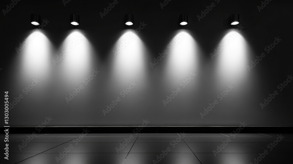 Poster a minimalist display area with four lights illuminating a blank wall.