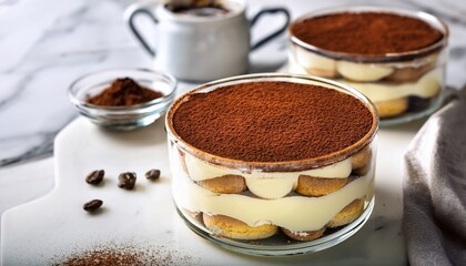 Tiramisu served in individual glass jars, with neat layers of espresso-soaked ladyfingers, mascarpone cream, and a cocoa powder dusting. The dessert is placed on a chic marble countertop with modern c