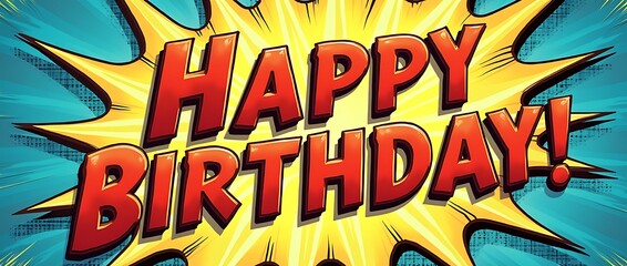 bright comic-style happy birthday text with bold outlines and dynamic energy bursts