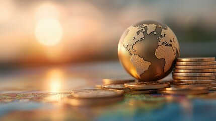 Golden globe resting on coins with sunset backdrop.