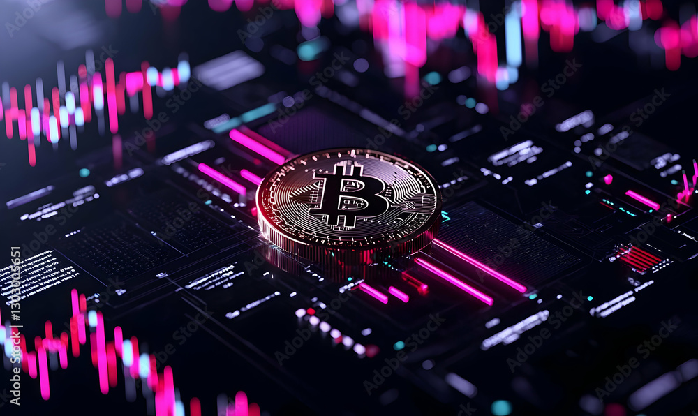 Poster glowing bitcoin coin on futuristic digital background with graphs