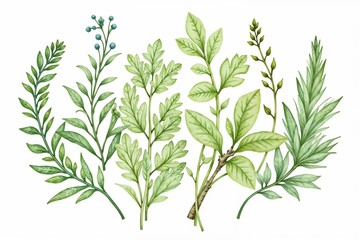 Obraz premium Illustration of various salad herbs arranged artistically on a white background