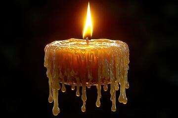 Glowing candle with dripping wax against dark background