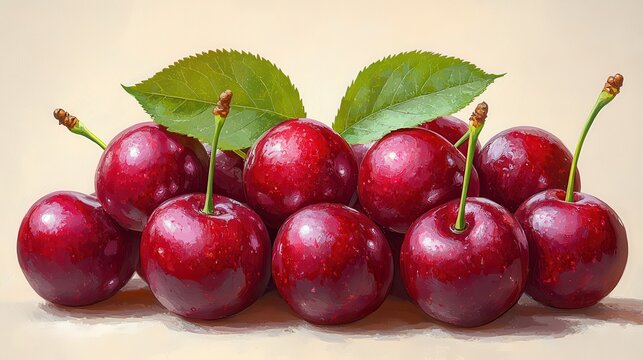 ripe red cherry with green leaf isolated,cartoon illustration