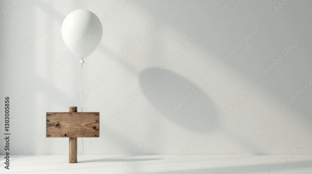 Aufkleber a minimalist scene featuring a white balloon tethered to a rustic wooden sign against a plain white 