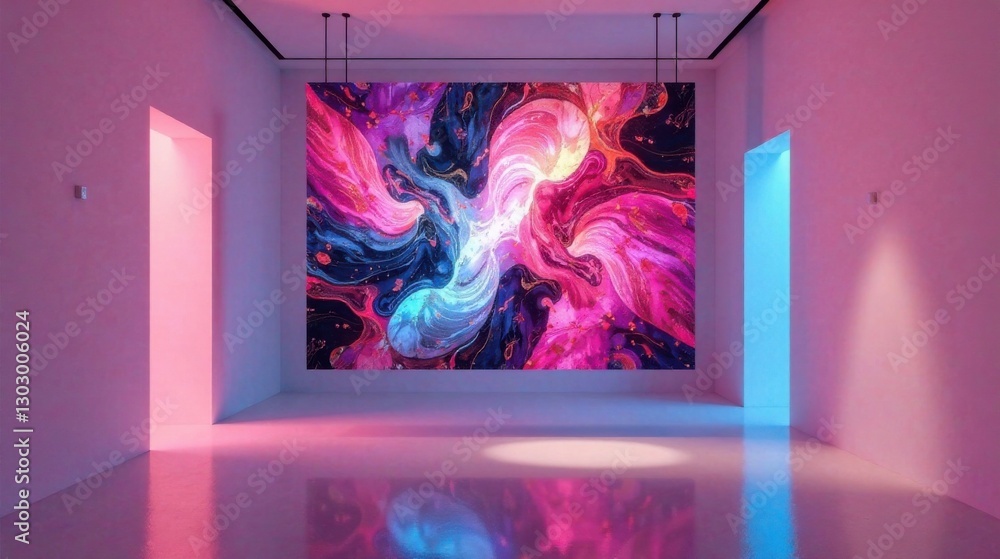 Poster abstract swirling artwork displayed in a modern gallery setting with vibrant pink and blue lighting