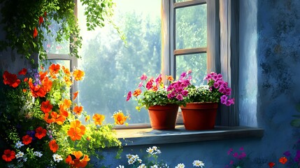 Fototapeta premium Vibrant Flower Pots on a Sunlit Window Sill Surrounded by Lush Greenery in Realistic Ultra HD Quality