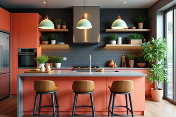 A modern kitchen with a sleek design, featuring a silver island, wooden bar stools, coral cabinetry, pendant lights, stainless steel oven, stove, open shelves, and greenery.