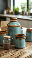 Teal And Brown Ceramic Mugs And Vases On Rustic Wooden Table