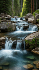 Fototapeta premium Alpine waterfall cascading into a clear pool.