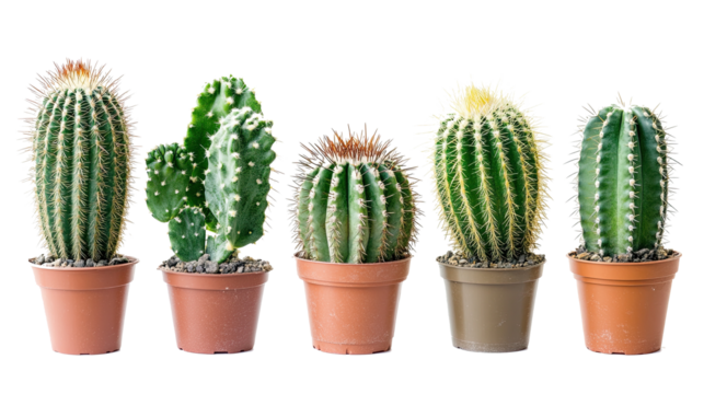 Collection of various potted cacti isolated on a white background showcasing different shapes and textures. PNG