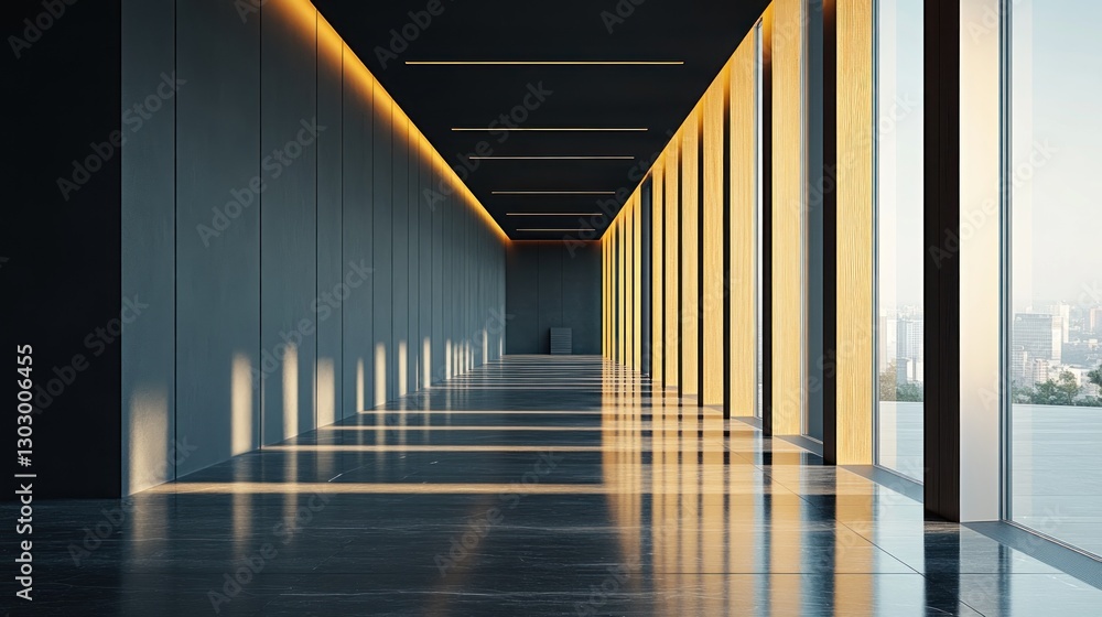 Poster a modern corridor with large windows and soft lighting, creating a serene atmosphere.