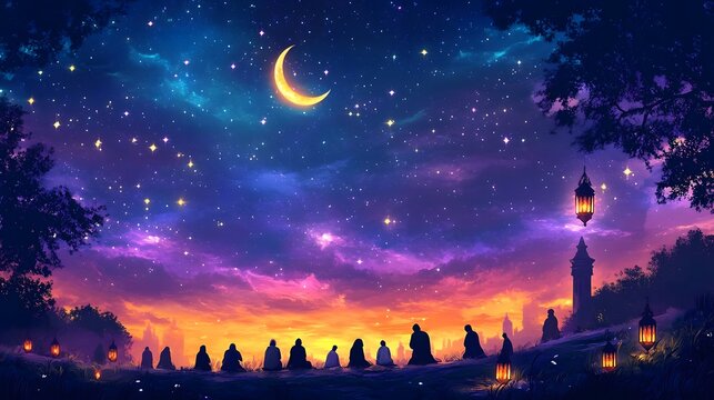 Laylatul Qadr concept illustration, highlighting a peaceful scene of people praying under a starry night sky, with glowing lanterns and a crescent moon, with a harmonious and unique color scheme