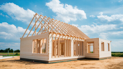 Photo of a partially built wooden frame house on a flat earthen construction site. The building structure is made of light wood. The roof frame is open, wooden beads and rafters are visible on it.