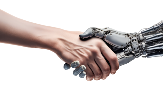 A futuristic handshake between a realistic human and robot on transparent background