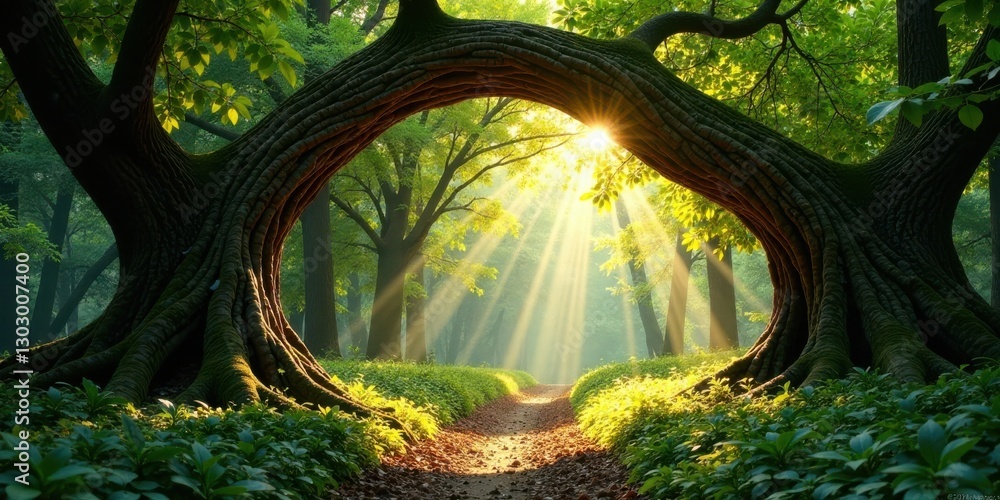 Poster sunlit pathway through ancient tree arch in a lush forest