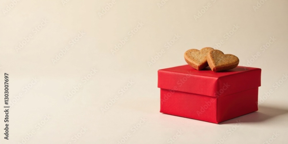 Poster a small red gift box sits on a neutral background, adorned with two heart-shaped cookies. a simple y