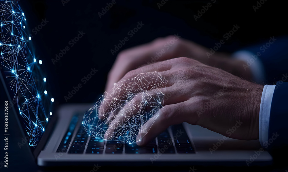 Poster digital connection and technology concept with hands typing on keyboard