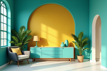 A modern, minimalist interior design with a striking combination of rich turquoise, warm golden yellow, and crisp white walls, arched doorway, and a mid-century modern sideboard.