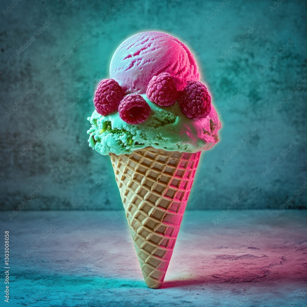 Poster colorful ice cream cone with raspberry topping on textured background