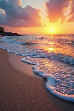 Soft sandy beach with gentle waves lapping on shore at sunset, ocean, coastline