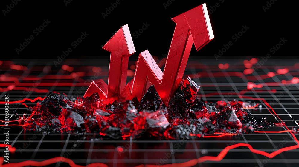 Poster red arrow trend indicator on dark graph background with crystals