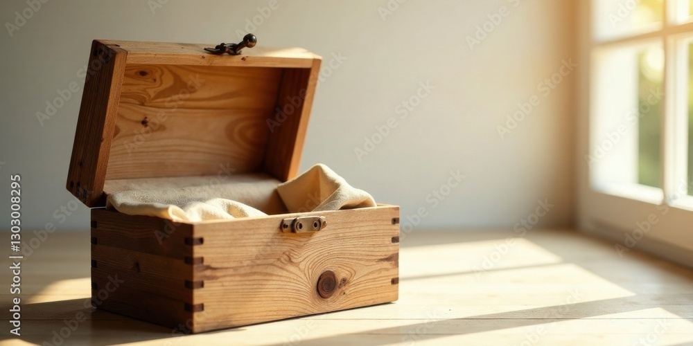 Poster a rustic wooden box sits open, lined with a soft fabric, bathed in warm sunlight streaming through a