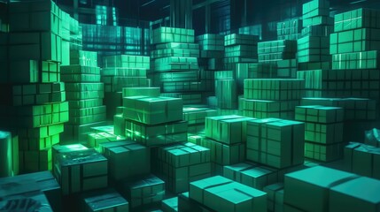 A vibrant, abstract representation of a cityscape made up of illuminated geometric blocks.