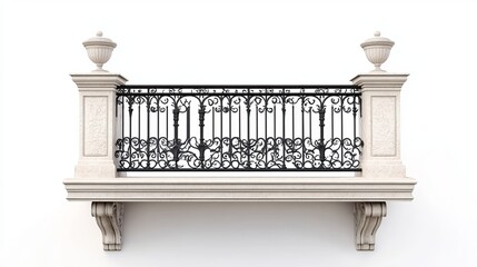 Black wrought iron railings with stone pillars in an Art Nouveau style. A vintage-inspired balcony design rendered in 3D and set against a white background. 
