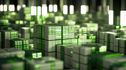 A vibrant, abstract representation of a cityscape made up of illuminated geometric blocks.