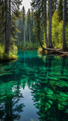 Obraz premium Hidden forest lake, with crystal clear water surrounded by dense trees.