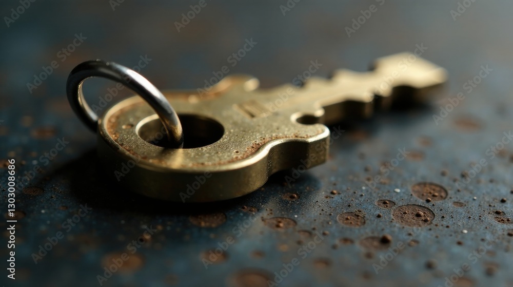 Poster a close-up view of an antique key resting on a weathered metallic surface