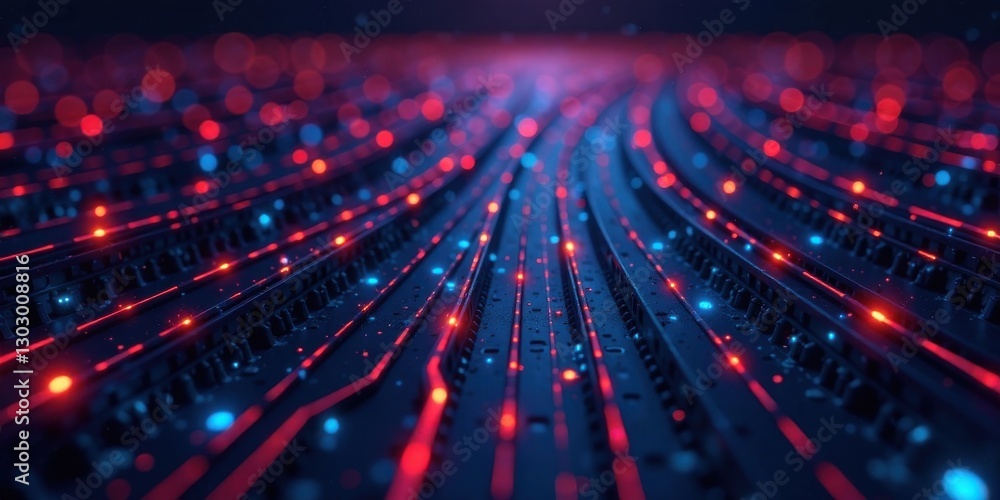 Poster Abstract Futuristic Technology Network Showing Data Flow and Connections with Glowing Red and Blue Lines